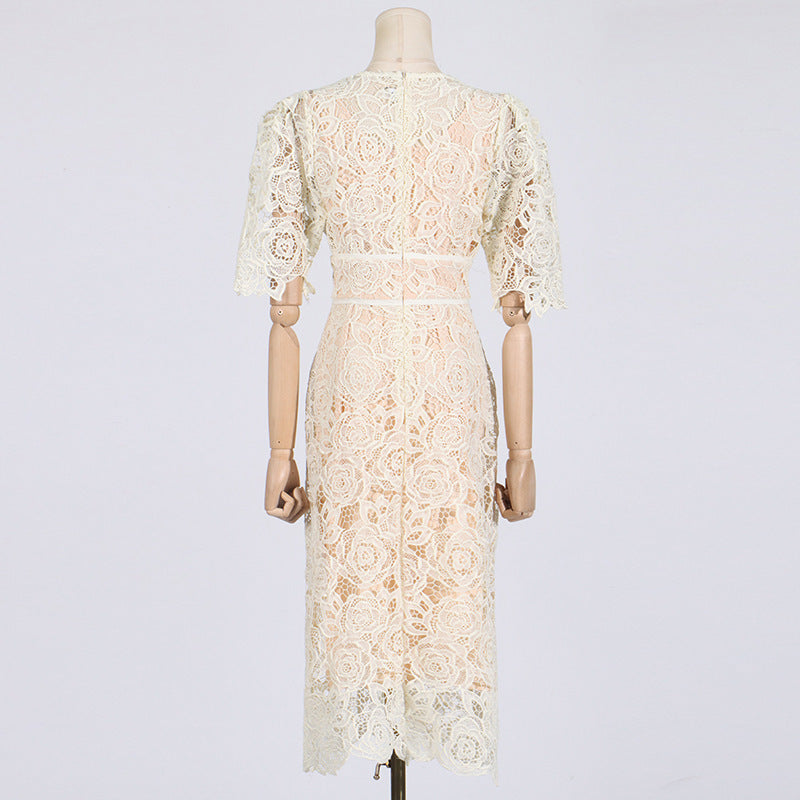 French Elegant Dress Women's New Lace Embroidered Short Sleeve Slim-fit High-end Socialite Dress