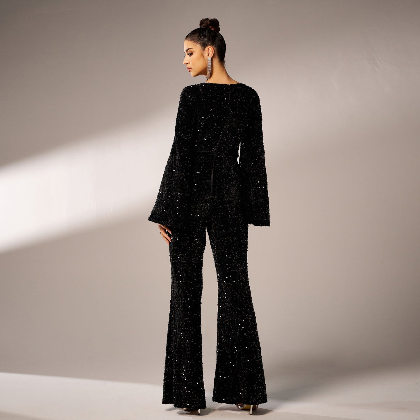 Long Sleeve Square-neck Slim-fit Sheath Banquet Sequined Jumpsuit