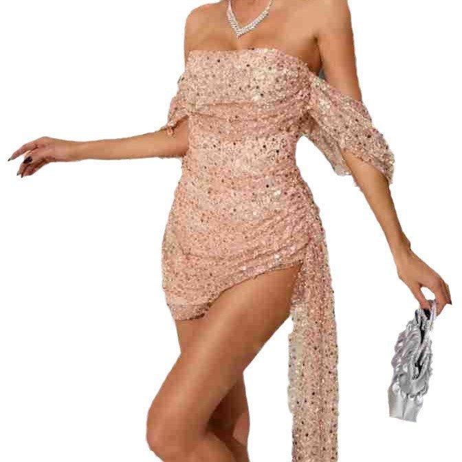 Off-shoulder Sequins Sexy Pleated Dress