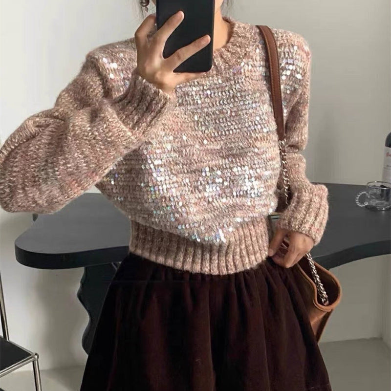 Korean Style O-neck Short Pullover Sequined Sweater