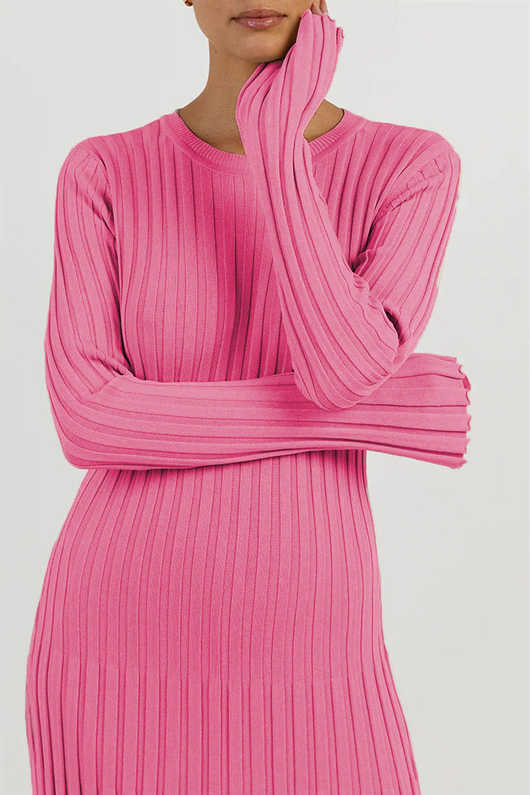 Long Sleeve Round Neck Tight Knitted Sunken Stripe Solid Color Dress