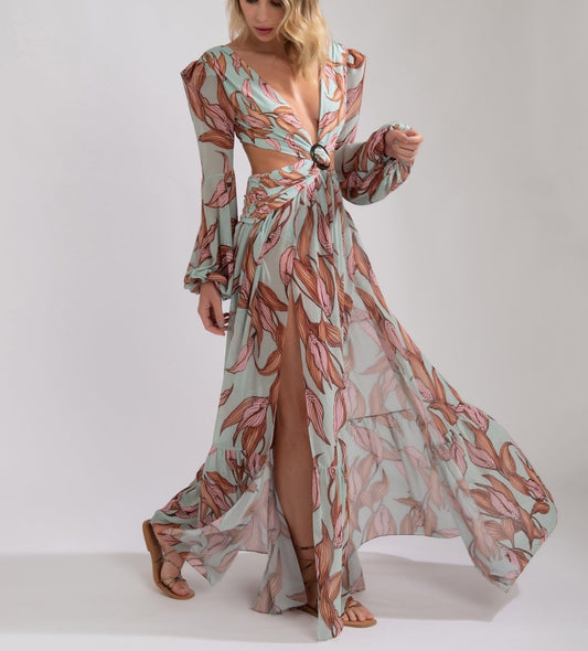 Printed Lantern Long Sleeve V-Neck Slit Dress