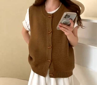 Horn Button Knitted Coat Sleeveless Vest For Women