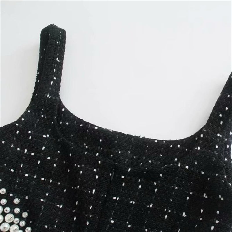 Women's Imitation Pearl Decorative Woolen Midriff Outfit Sling Dress