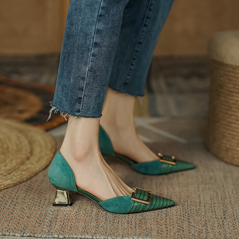 Women's Lizard Pattern Pointed-toe Square Buckle High Heels