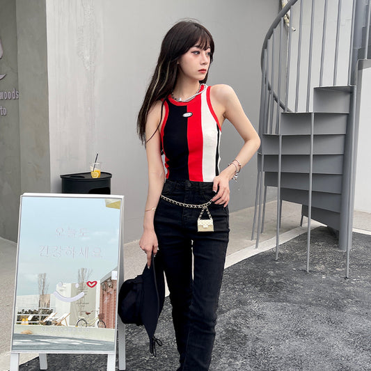 Sweet Sleeveless Knit Contrast Color Slim Slimming Vest Women