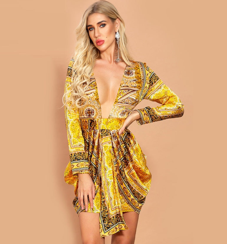 V-neck tie print long sleeve short dress