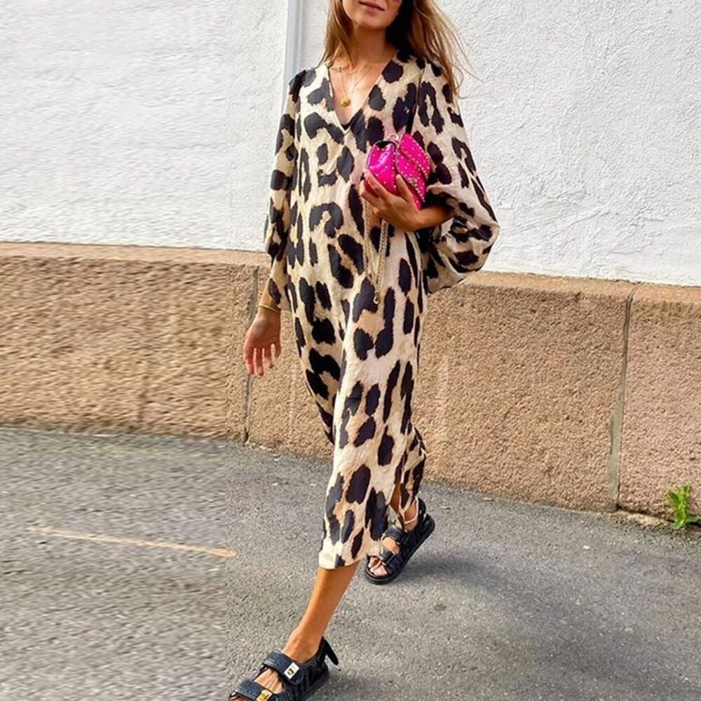 Long V-Neck Loose Balloon Sleeve Leopard Dress