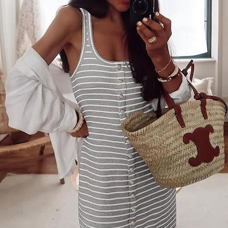 Women's Sleeveless Striped Vest Mid-length Dress