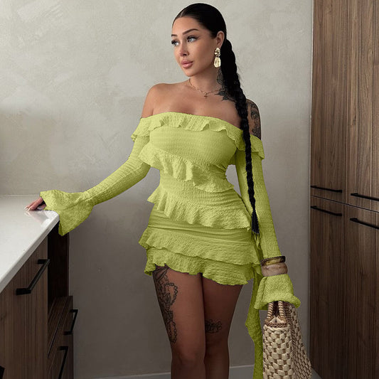 Long Sleeve Bell Sleeve Off-shoulder Ruffled Ribbon Short Dress