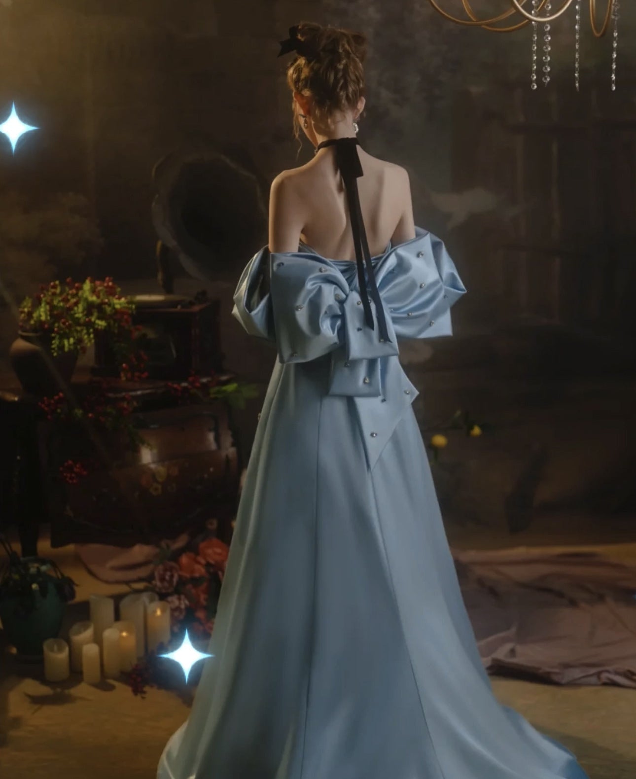 Satin Blue Off-shoulder Beaded Dress