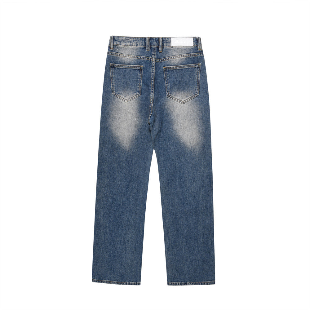 Washed White Pleated Straight Jeans For Men