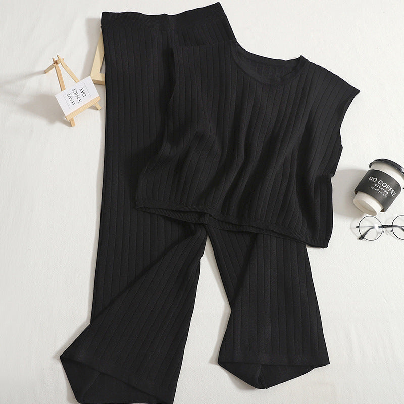 Knitting Suit Solid Color Sleeveless Vest High Waist Wide Leg Pants Two-piece Set