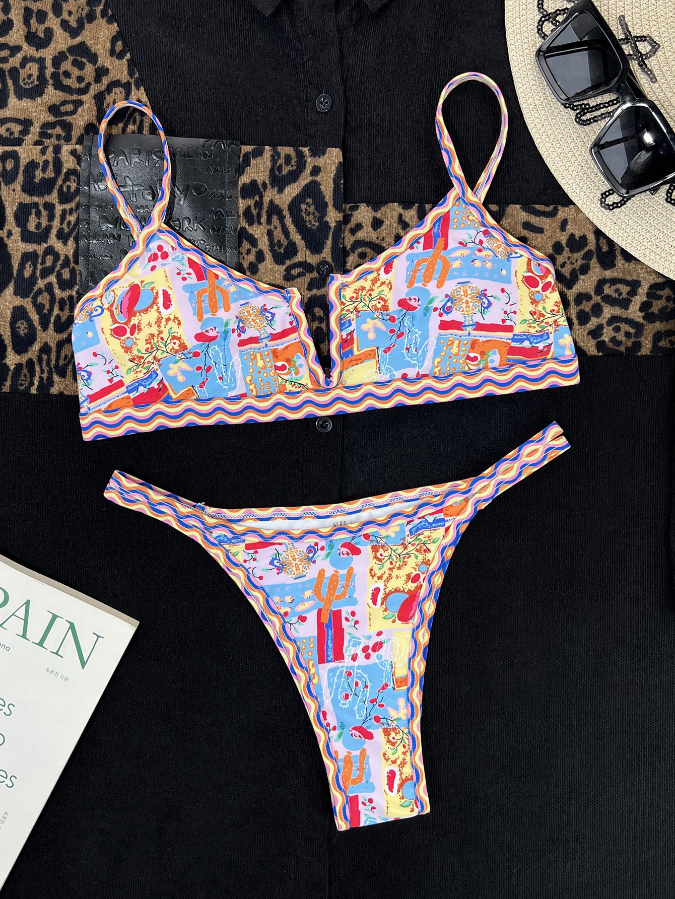 Female Ethnic Printed V-neck Colored Bikini