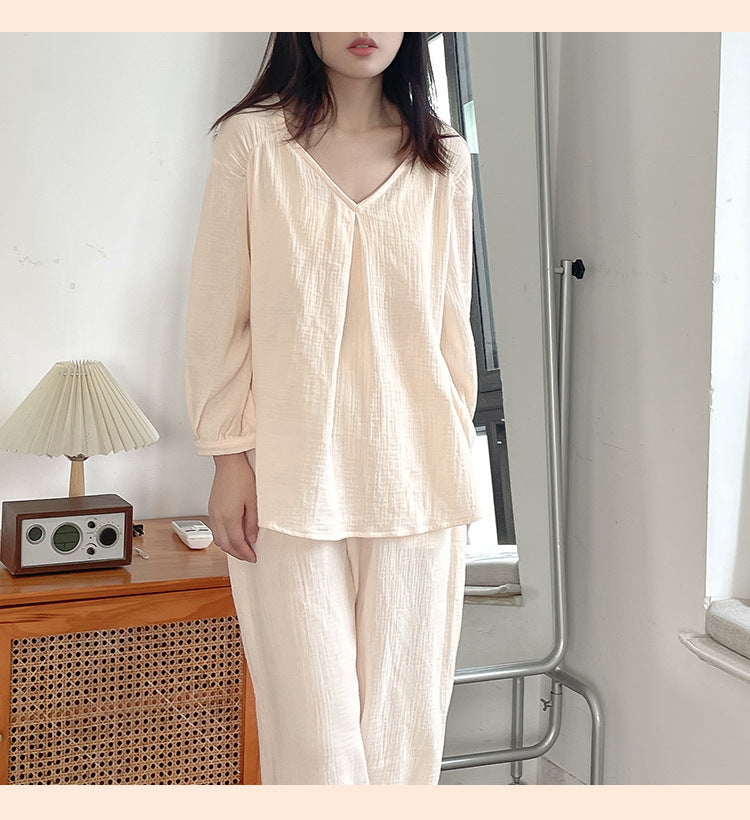 Double-layer Cotton Yarn V-neck Pajamas Suit Comfortable Homewear