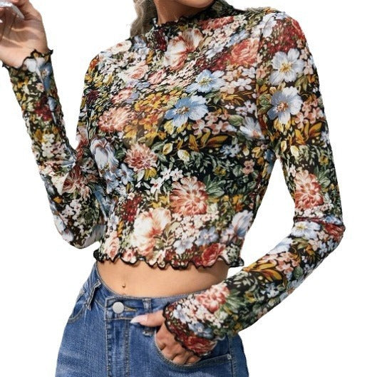 Lettuce Edge Floral Print Mesh Top