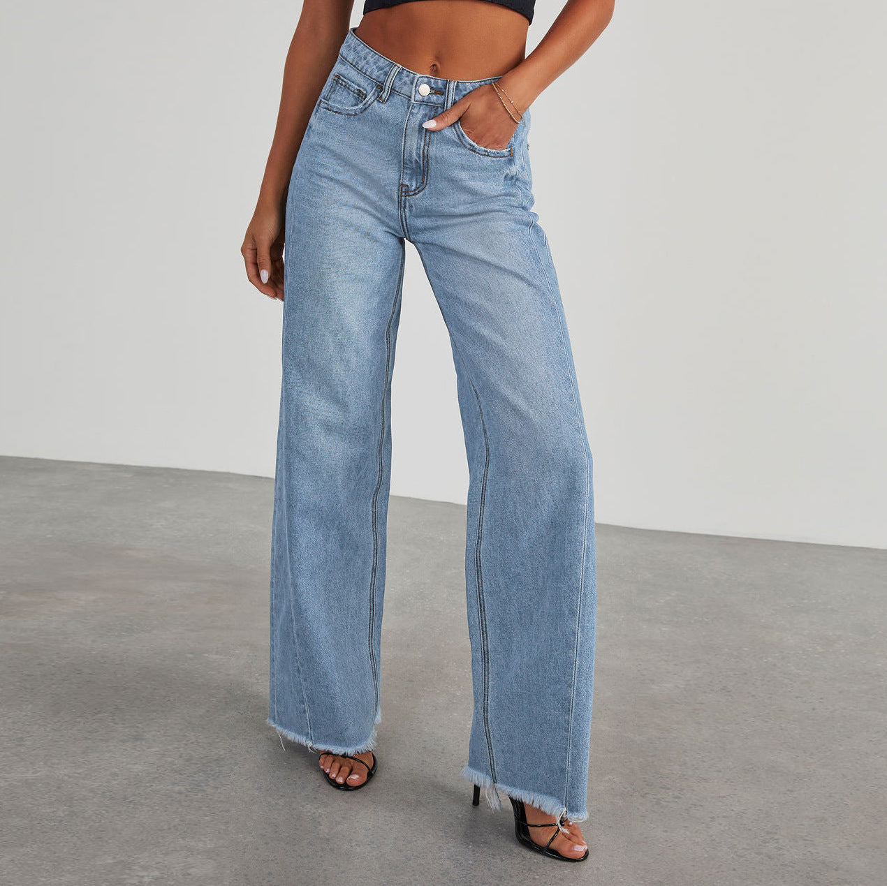 Jean à la taille haute mode avec poches confortables slim fit pantalon large à jambes larges vêtements pour femmes