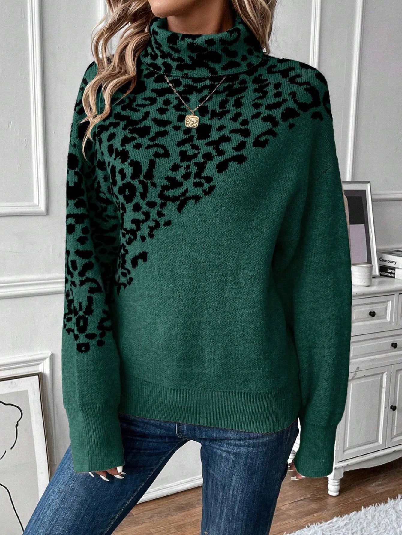 Turtleneck Leopard Print Long Sleeve Loose Fashion Casual Sweater