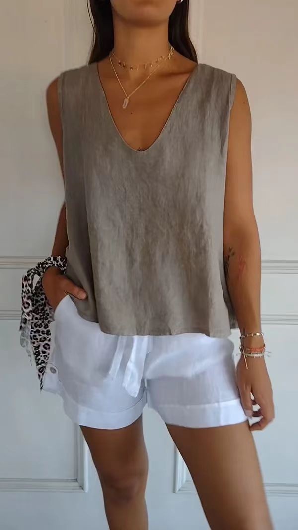 Women's Summer Casual Solid Color Cotton And Linen V-neck Sleeveless Vest