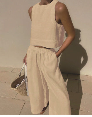 Loose Solid Color Sleeveless Shirt And Trousers Two-piece Set