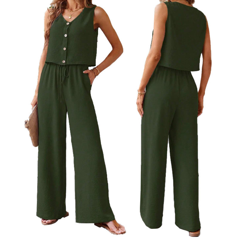 Women Sleeveless Vest Wide Leg Pants Two-piece Suit