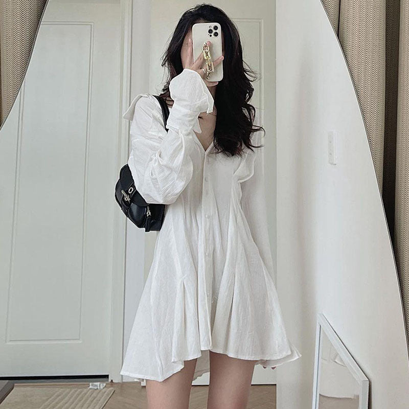 Spring Concise Lapel And Waist Tight Slimming Flared Sleeves Irregular A- Line Shirt Dress For Women