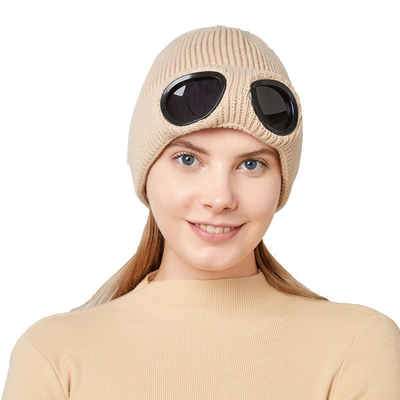 Warm Knitted Woolen Hats With Windproof Glasses Autumn And Winter For Men And Women Ear Protection Cap