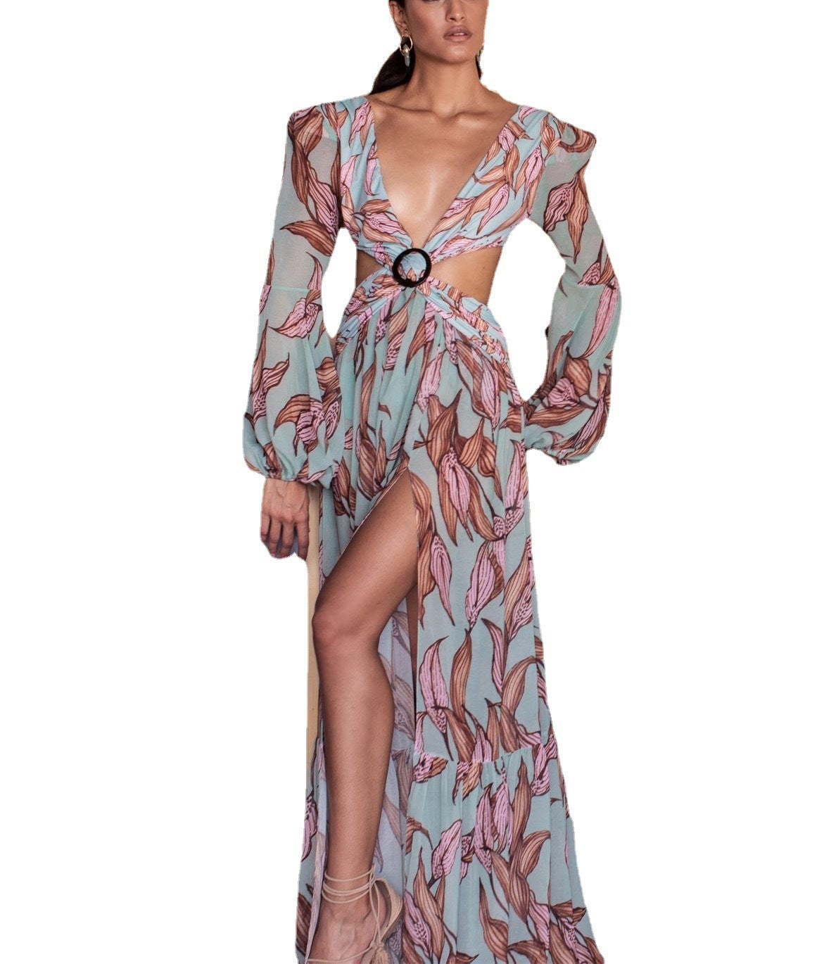 Printed Lantern Long Sleeve V-Neck Slit Dress