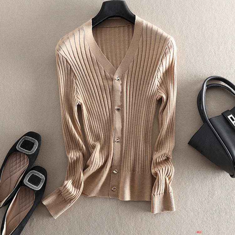 V-neck Pit Strip Slim-fit Sweater Coat Women Spring And Autumn Long Sleeves