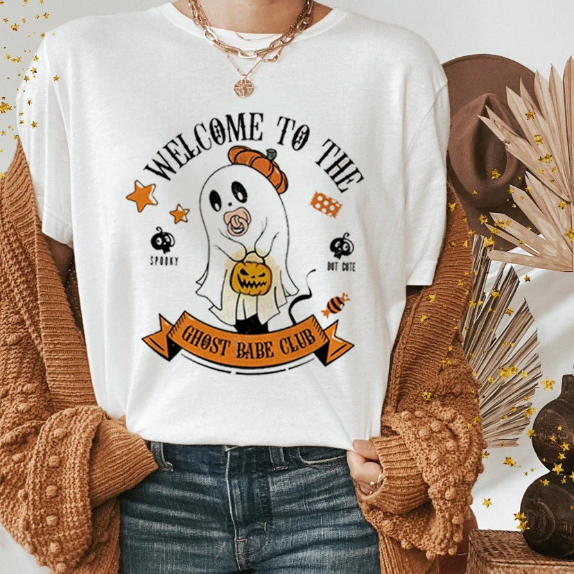 Halloween Ghost Witch Pumpkin Print Casual Short Sleeved Shirt