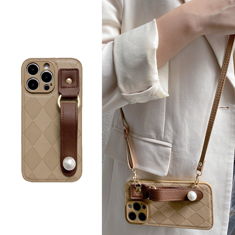 Diamond Coffee Color Pearl Wrist Strap Phone Case