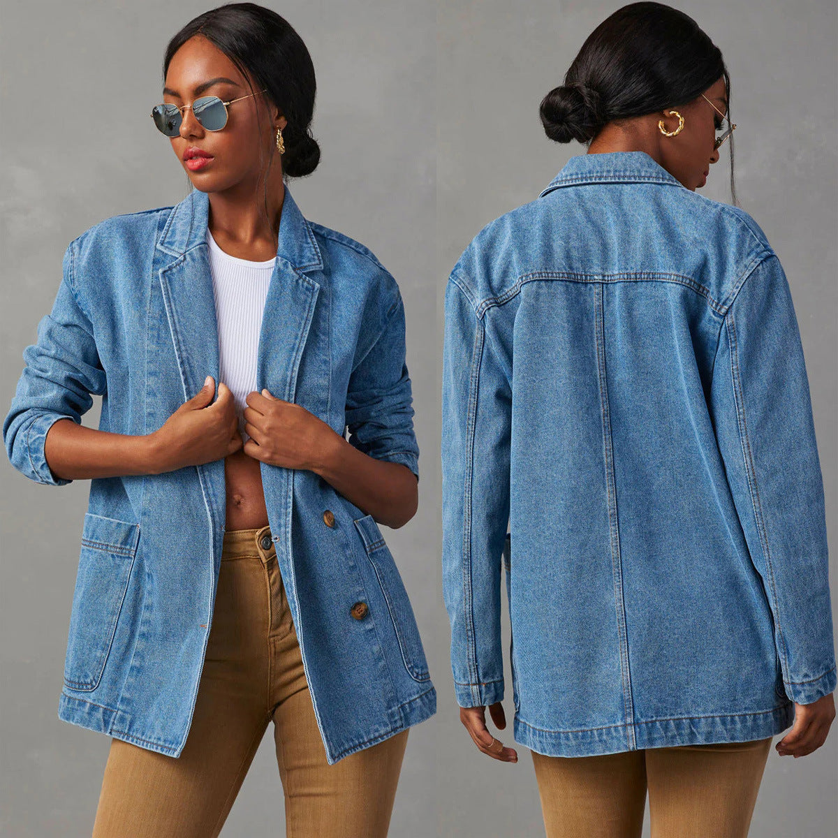 Veste de costume de femme en denim bleu lavé