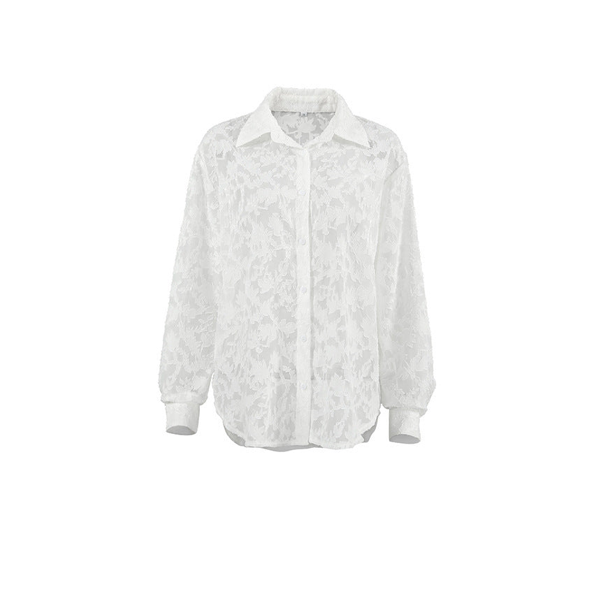 French White Jacquard Loose Temperament Lapel Shirt