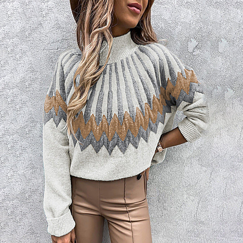 Printed Turtleneck Long Sleeve Loose Casual Knit Sweater