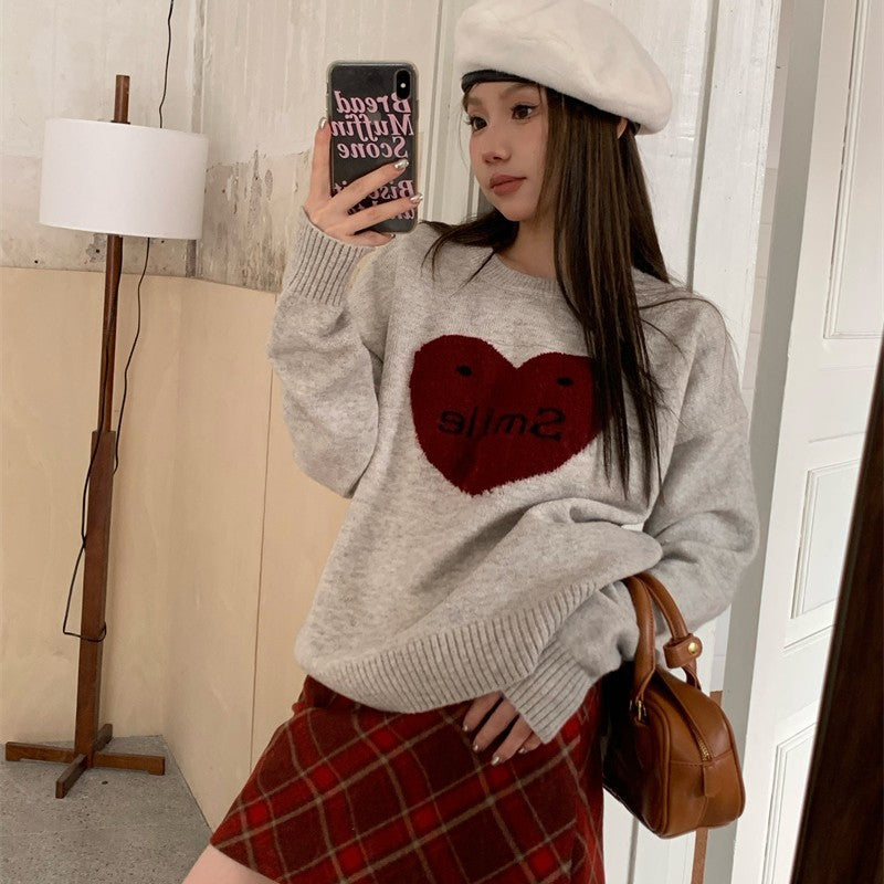 Love Jacquard Long Sleeved Pullover Sweater For Women