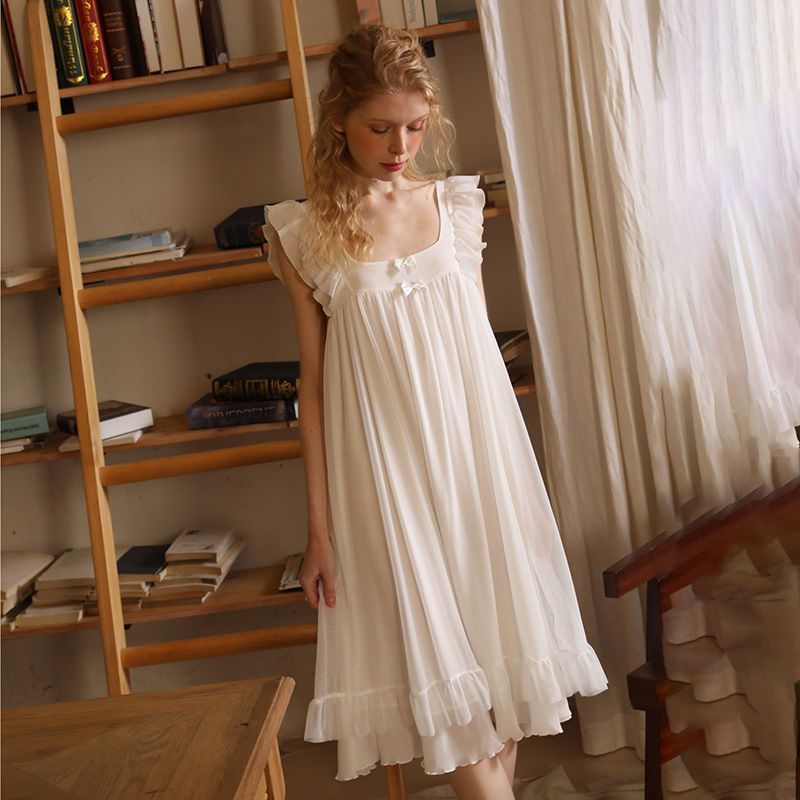 Vintage Bow Nightdress Lace Fairy White Suspender