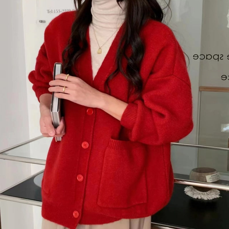 Korean Version V-neck Knitted Cardigan Loose Sweater Coat