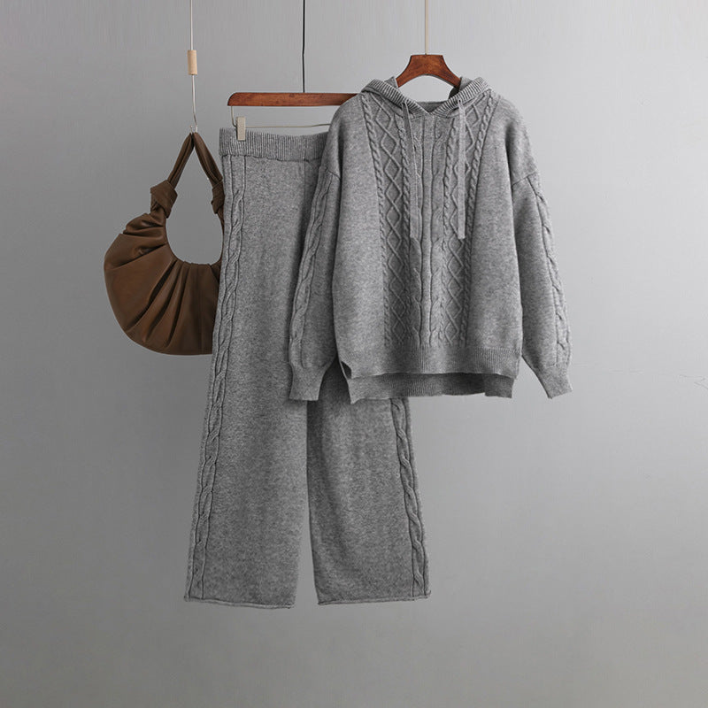 Female Drawstring Hooded Loose Sweater And Pants Set