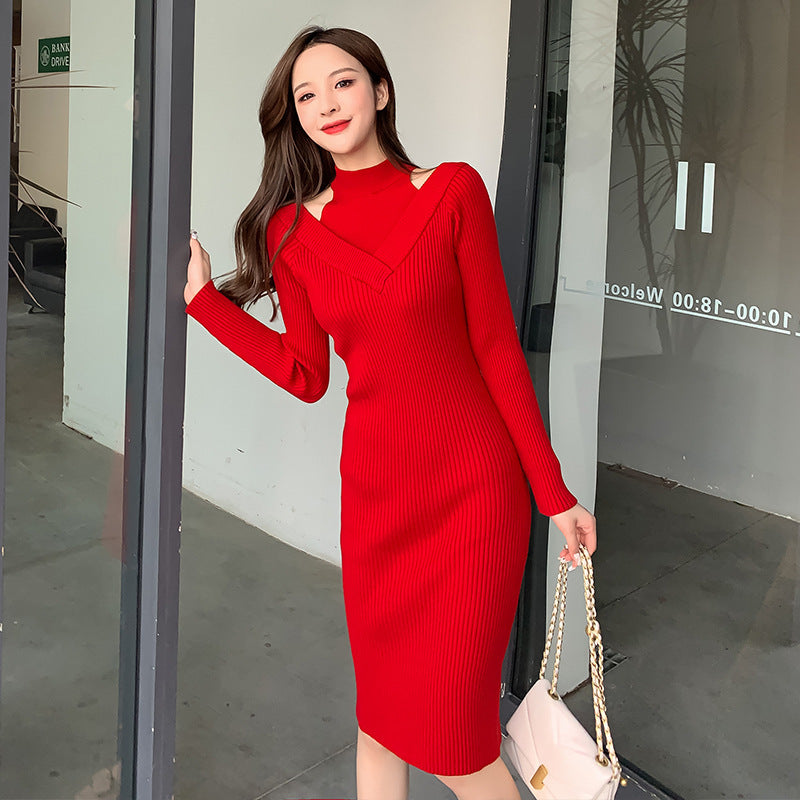 Over-the-knee Bottoming Temperament Off-shoulder Knitted Dress Women