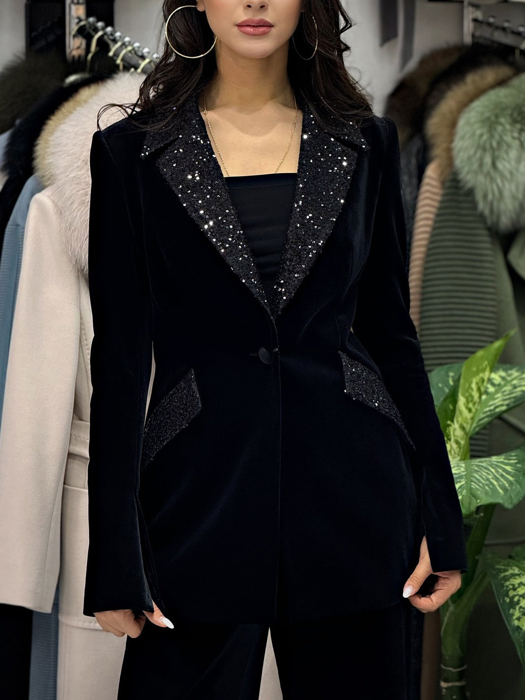 Velvet Patchwork Sequined Blazer & High-waisted Pants Suit