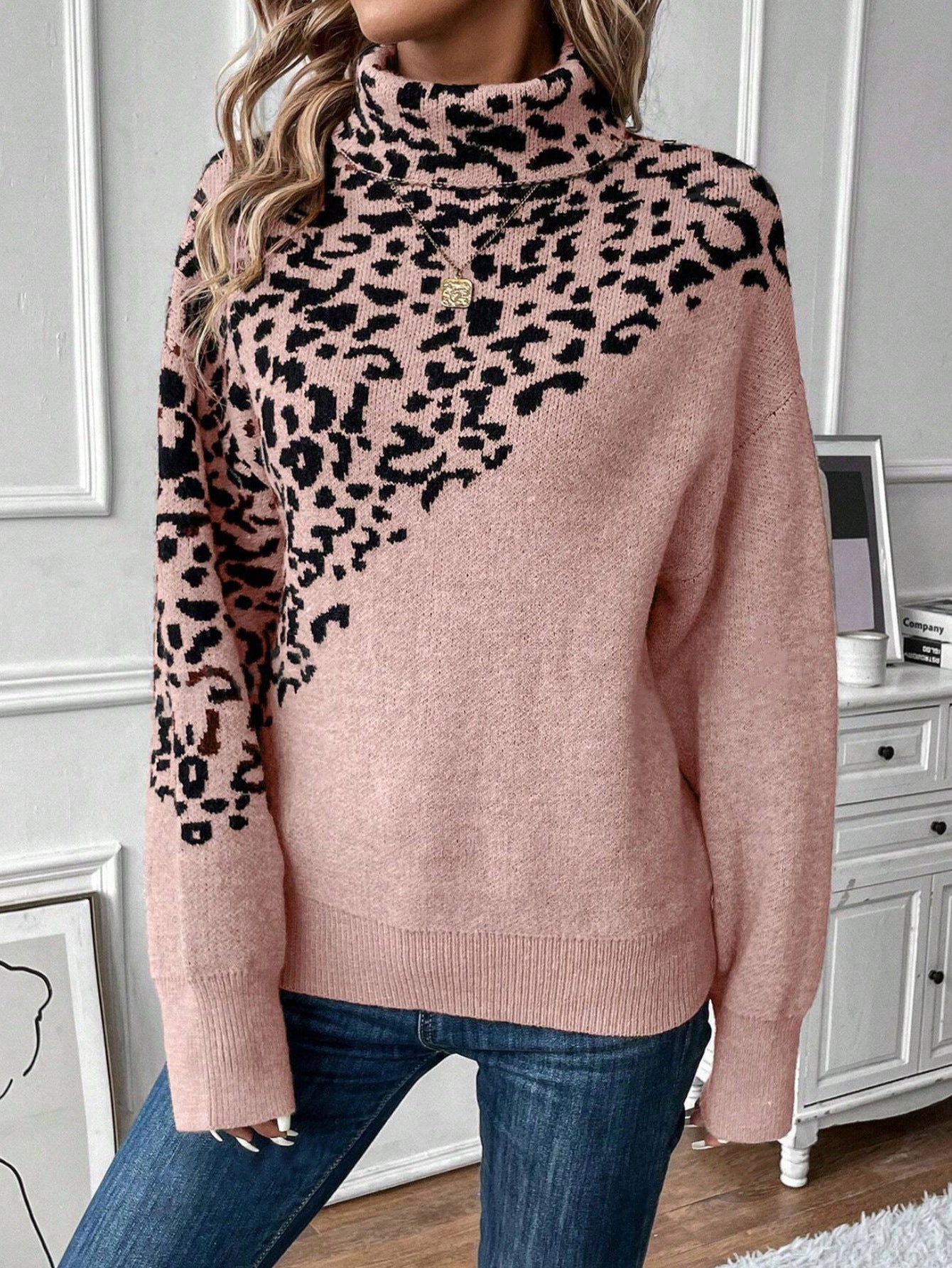 Turtleneck Leopard Print Long Sleeve Loose Fashion Casual Sweater