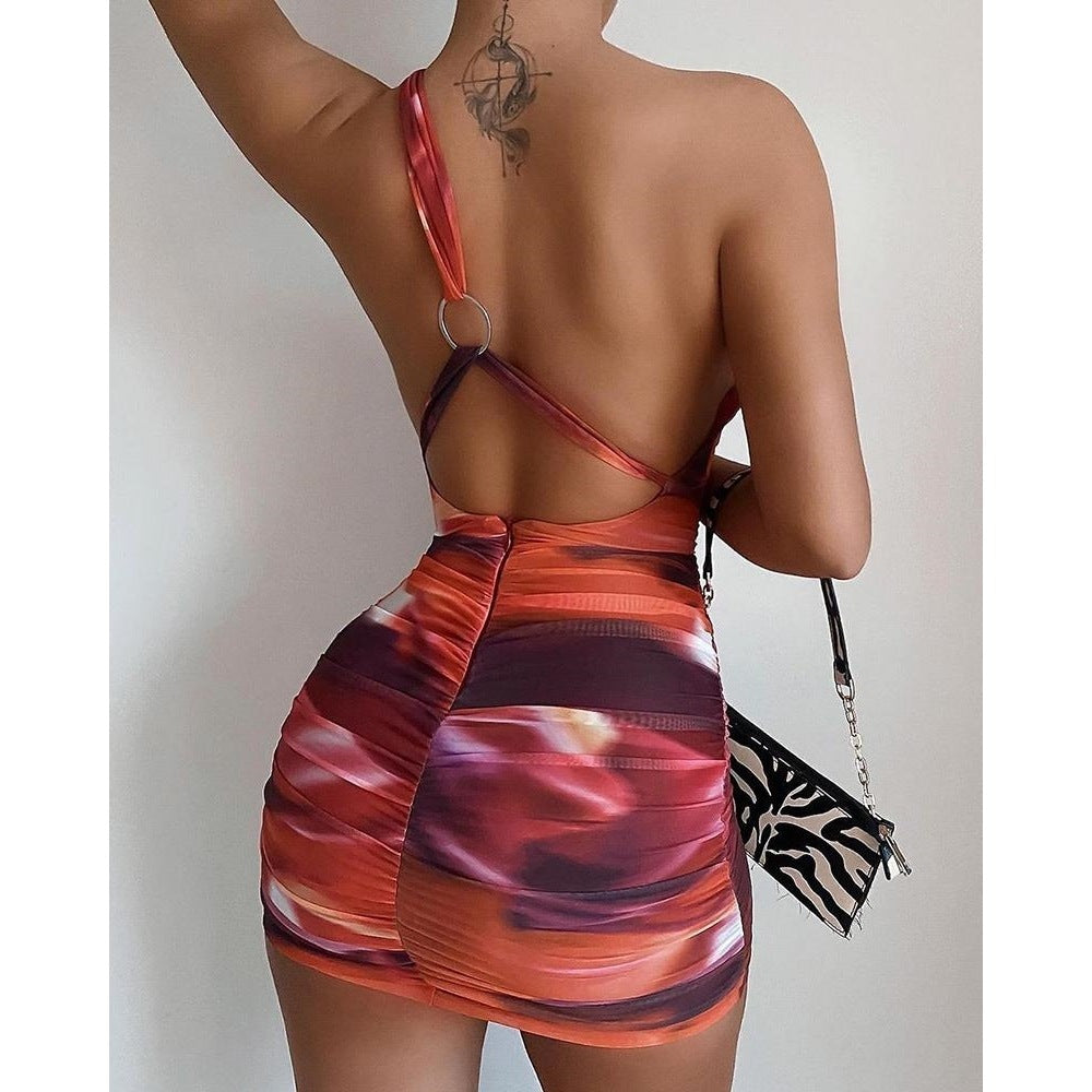 Tie-dye Printed Halter Pleated Tight-fitting DressTie-dyed Non-posture Tight-fitting Dress