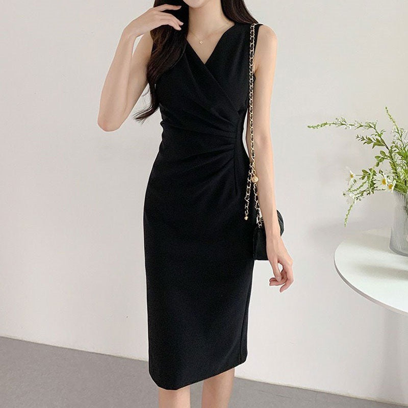 Cross V-neck Pleated Waist Tight Sleeveless Dress For Women