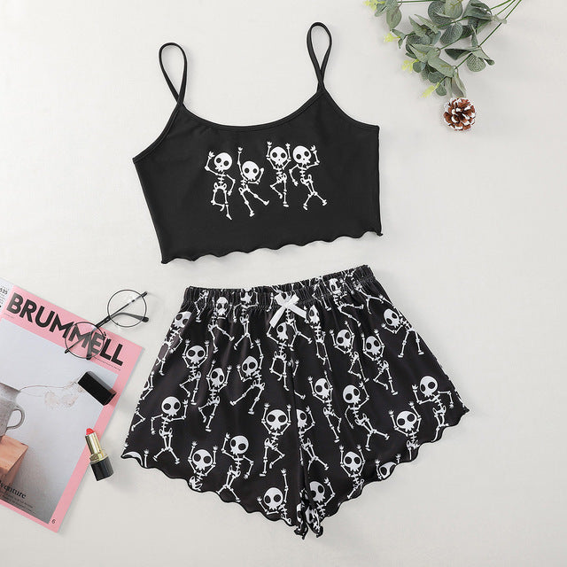 Printed Strap Tube Top Shorts Home Wear Suit