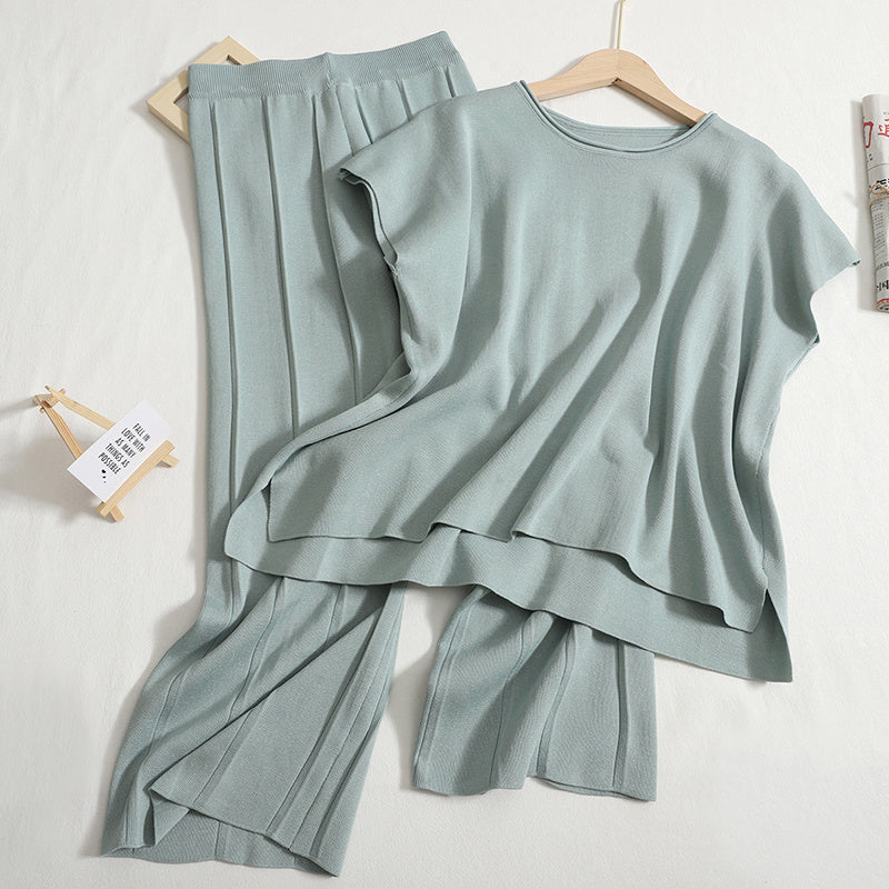 Solid Color Sleeveless Vest Knit Wide Leg Cropped Pants Set