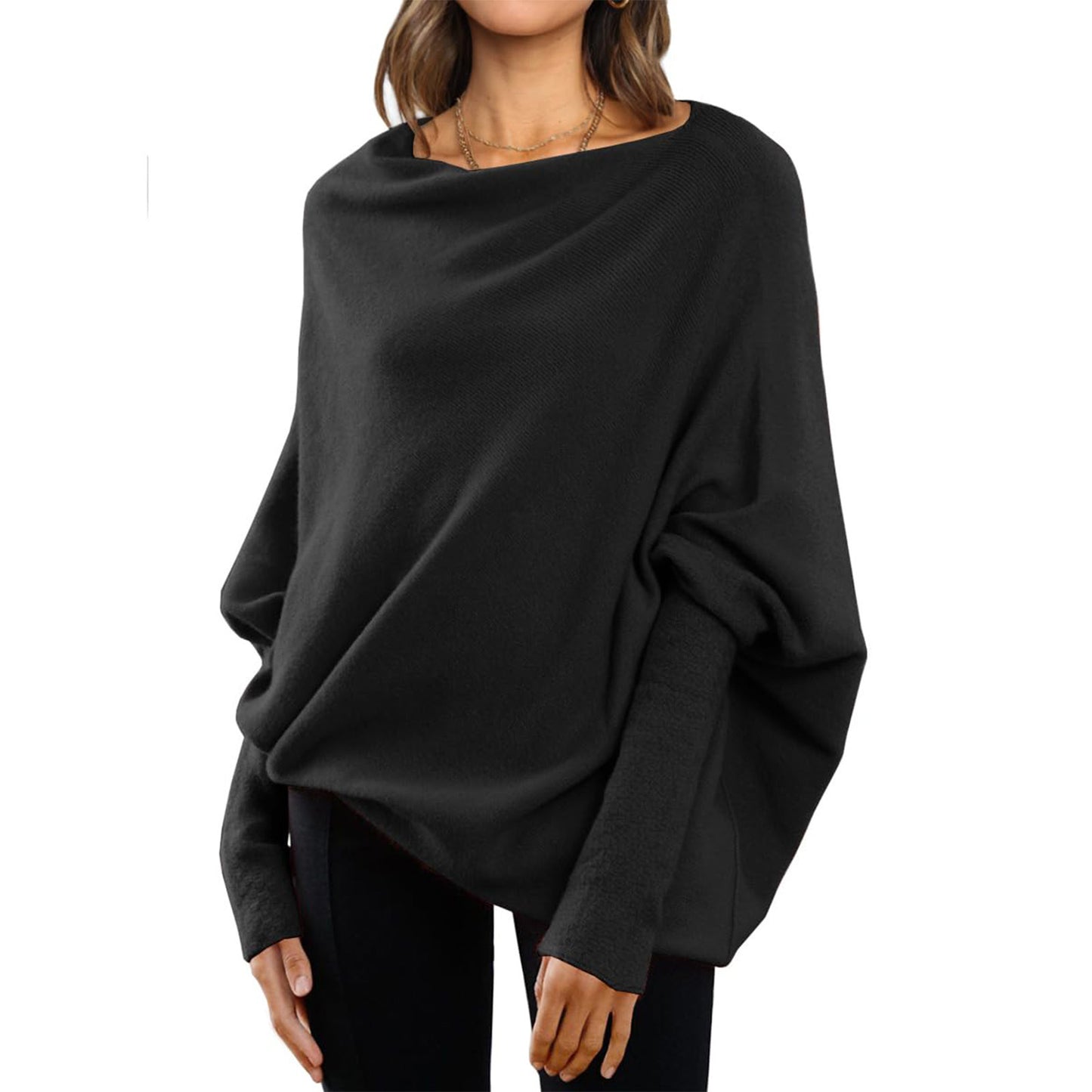 Pinage à manches de chauve-souris en vrac Tops simples décontractés Couleur solide polyvalente Pull à cou rond pour les femmes