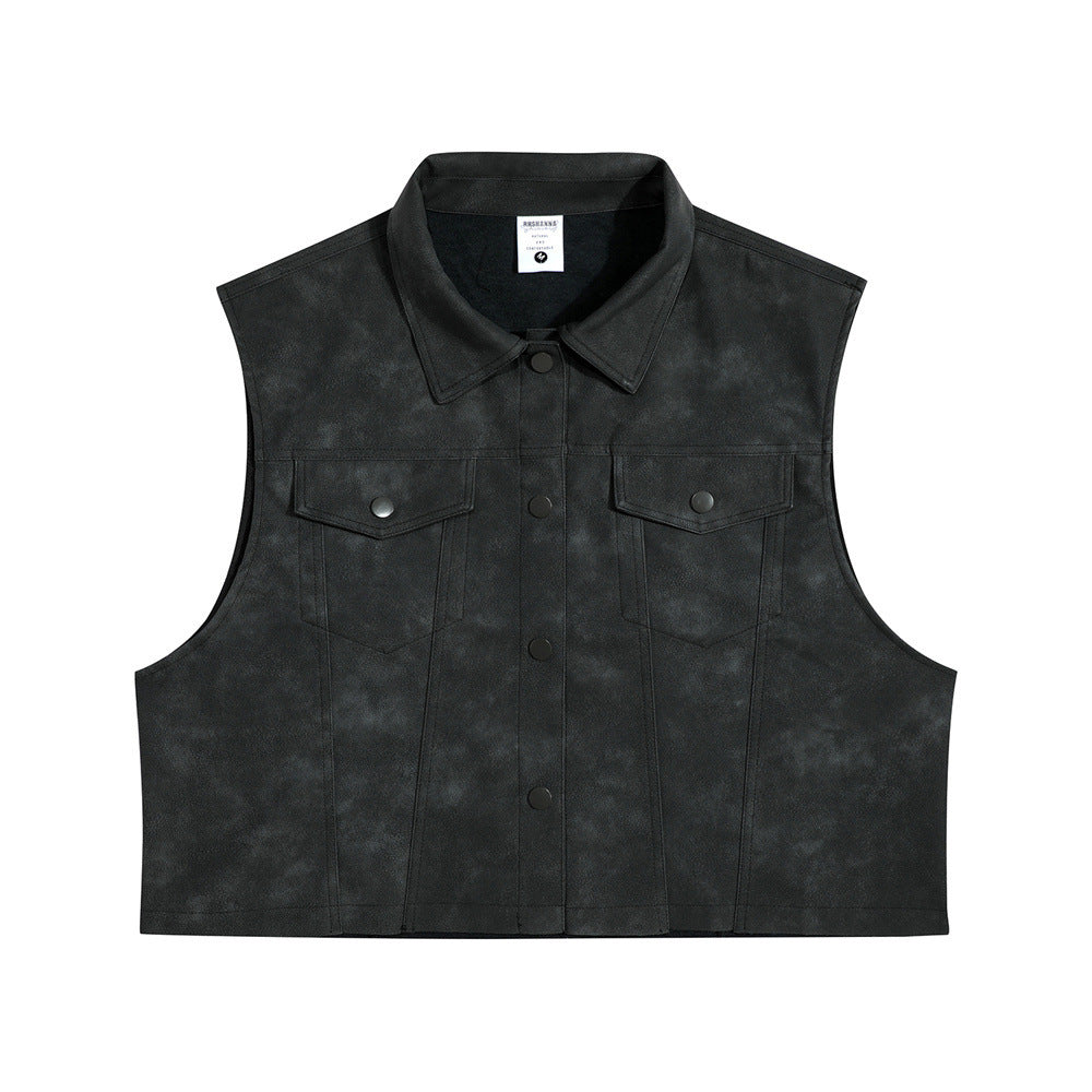 Retro Street Half-length PU Leather Vest Man Lapel Waistcoat Sleeveless Vest Short Coat