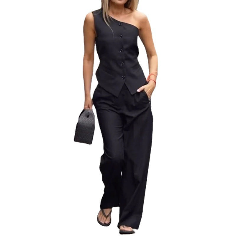 Women's Fashion Slant Shoulder Sleeveless High Waist Straight-leg Pants Casual Suit