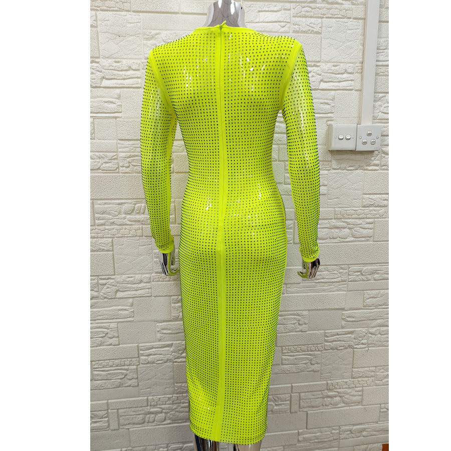 Long Sleeve Heavy Industry Sparkling Full Rhinestone Sheath Tight Elegant Dress