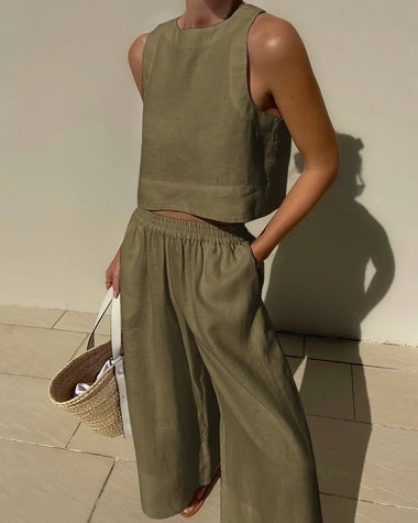 Loose Solid Color Sleeveless Shirt And Trousers Two-piece Set